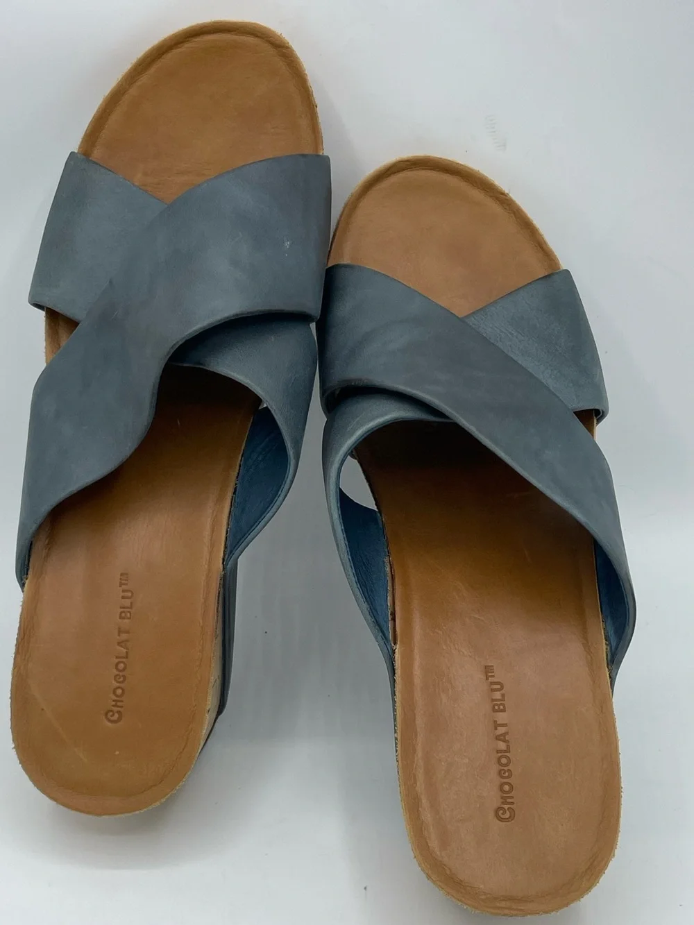 Chocolat Blu Melissa Cork Wedge Sandal with Blue Leather Crisscross Straps